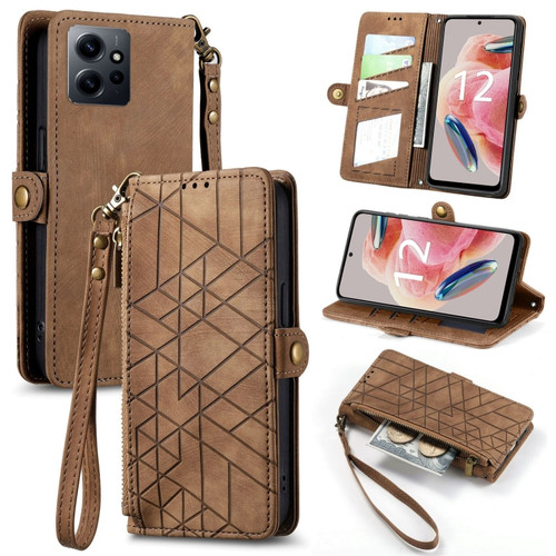 Xiaomi Redmi Note 12 4G Geometric Zipper Wallet Side Buckle Leather Phone Case - Brown