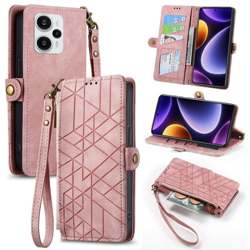 Redmi Note 12 Turbo Geometric Zipper Wallet Side Buckle Leather Phone Case - Pink
