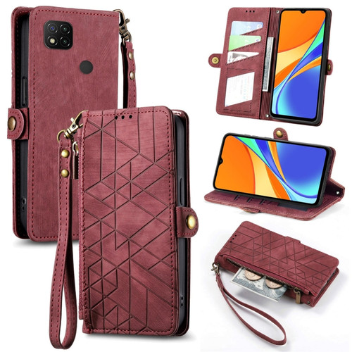 Xiaomi Redmi 9C Geometric Zipper Wallet Side Buckle Leather Phone Case - Red
