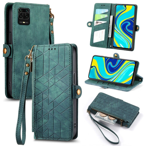 Xiaomi Redmi Note 9S Geometric Zipper Wallet Side Buckle Leather Phone Case - Green