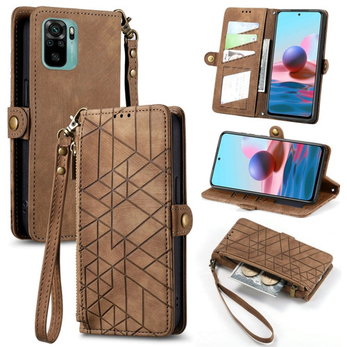 Xiaomi Redmi Note 10 4G Geometric Zipper Wallet Side Buckle Leather Phone Case - Brown