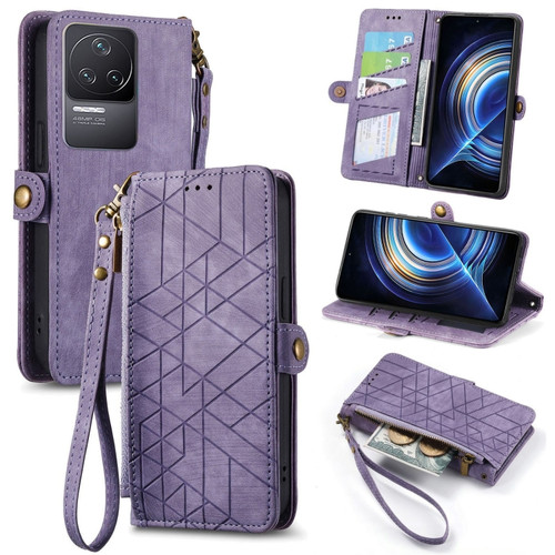 Xiaomi Redmi K50 Geometric Zipper Wallet Side Buckle Leather Phone Case - Purple
