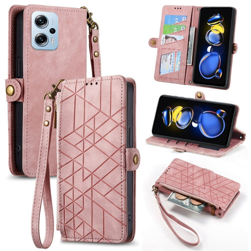 Xiaomi Redmi Note 11T Pro Geometric Zipper Wallet Side Buckle Leather Phone Case - Pink