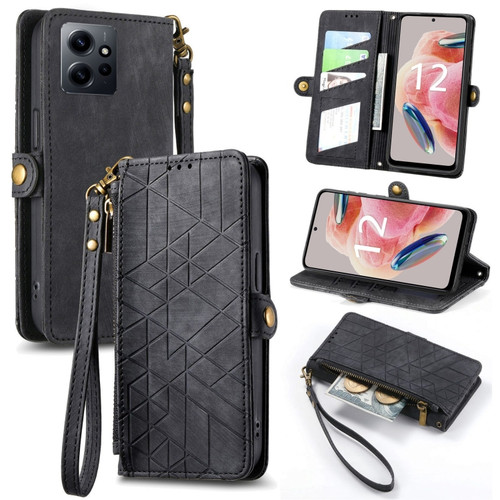 Xiaomi Redmi Note 12 4G Geometric Zipper Wallet Side Buckle Leather Phone Case - Black