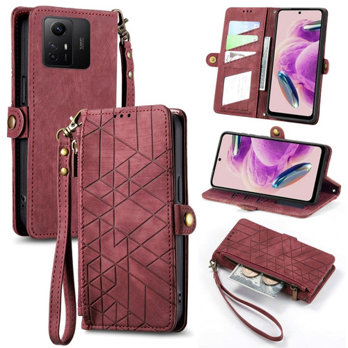 Xiaomi Redmi Note 12S Geometric Zipper Wallet Side Buckle Leather Phone Case - Red