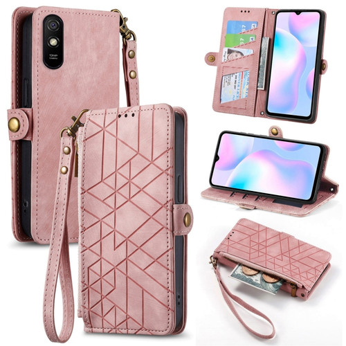 Xiaomi Redmi 9A Geometric Zipper Wallet Side Buckle Leather Phone Case - Pink