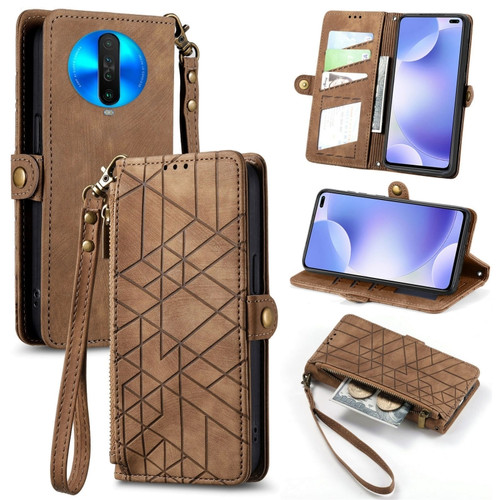 Xiaomi Redmi K30 Geometric Zipper Wallet Side Buckle Leather Phone Case - Brown