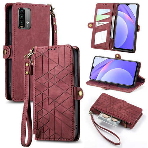 Xiaomi Redmi Note 9 4G Geometric Zipper Wallet Side Buckle Leather Phone Case - Red