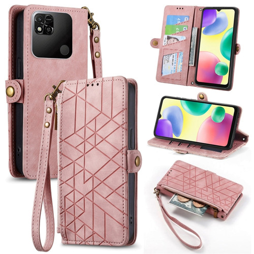 Xiaomi Redmi 10A Geometric Zipper Wallet Side Buckle Leather Phone Case - Pink