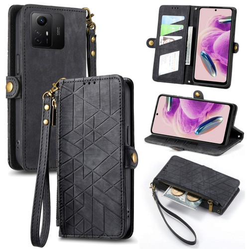 Xiaomi Redmi Note 12S Geometric Zipper Wallet Side Buckle Leather Phone Case - Black