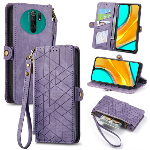 Xiaomi Redmi 9 Geometric Zipper Wallet Side Buckle Leather Phone Case - Purple