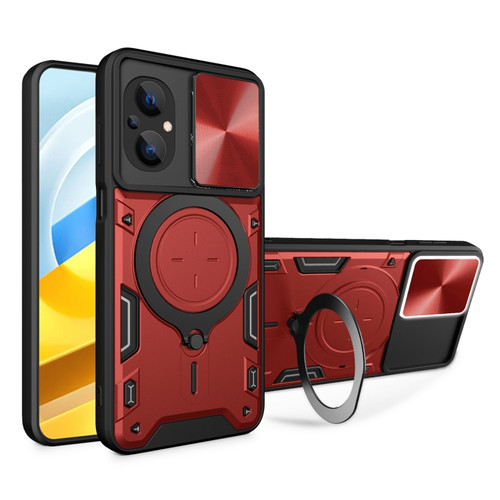 Xiaomi Poco M5 5G CD Texture Sliding Camshield Magnetic Holder Phone Case - Red