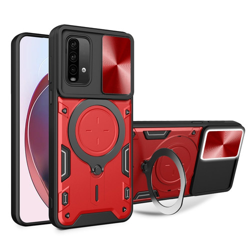 Xiaomi Redmi Note 9 4G / Poco M3 CD Texture Sliding Camshield Magnetic Holder Phone Case - Red