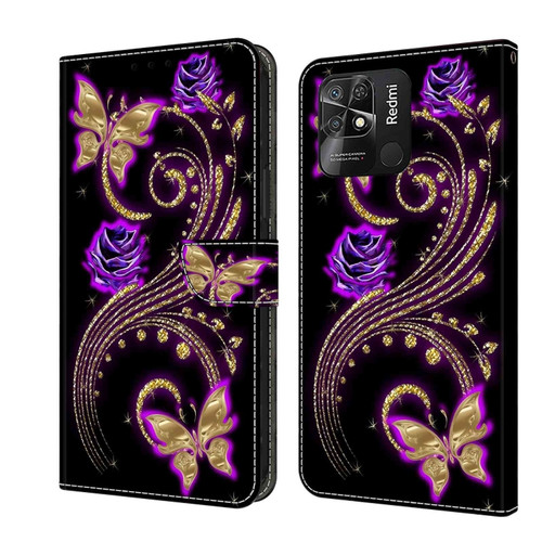Xiaomi Redmi 10C Crystal 3D Shockproof Protective Leather Phone Case - Purple Flower Butterfly
