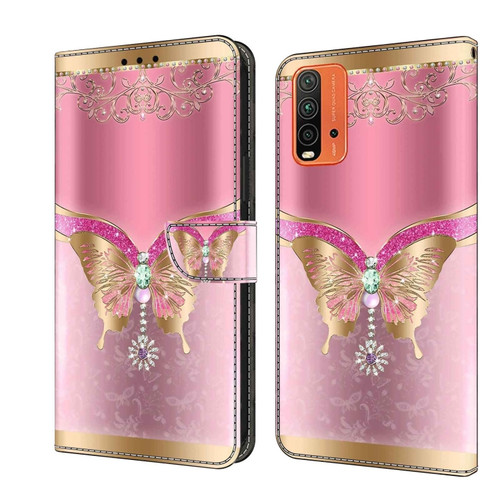Xiaomi Redmi 9T Crystal 3D Shockproof Protective Leather Phone Case - Pink Bottom Butterfly