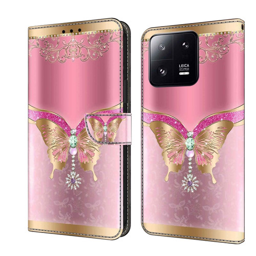 Xiaomi 13 Pro Crystal 3D Shockproof Protective Leather Phone Case - Pink Bottom Butterfly