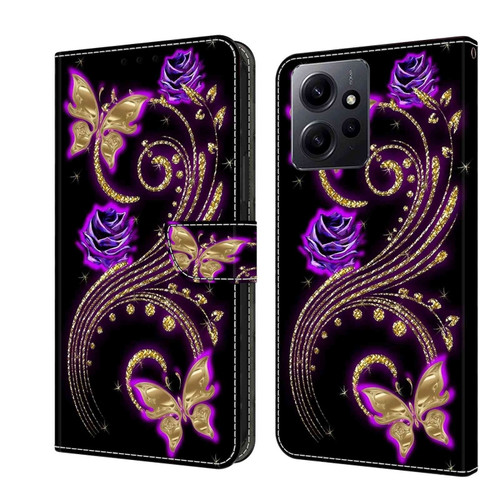 Xiaomi Redmi Note 12 4G Crystal 3D Shockproof Protective Leather Phone Case - Purple Flower Butterfly