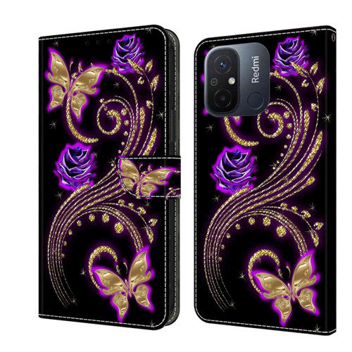 Xiaomi Redmi 11A 4G / Redmi 12C Global Crystal 3D Shockproof Protective Leather Phone Case - Purple Flower Butterfly