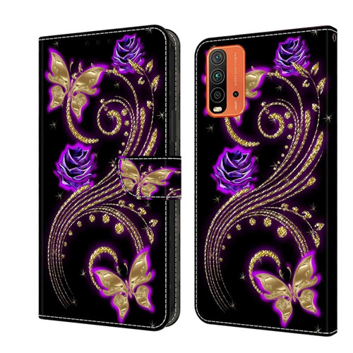 Xiaomi Redmi 9T Crystal 3D Shockproof Protective Leather Phone Case - Purple Flower Butterfly