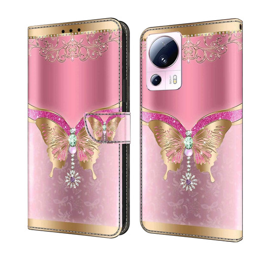 Xiaomi 13 Lite Crystal 3D Shockproof Protective Leather Phone Case - Pink Bottom Butterfly