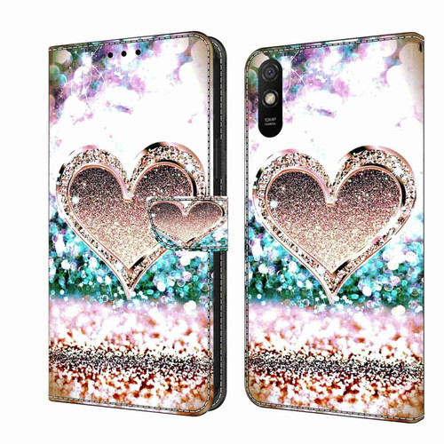 Xiaomi Redmi 9A Crystal 3D Shockproof Protective Leather Phone Case - Pink Diamond Heart