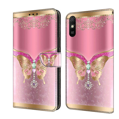 Xiaomi Redmi 9A Crystal 3D Shockproof Protective Leather Phone Case - Pink Bottom Butterfly