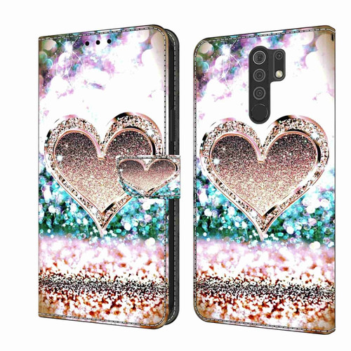 Xiaomi Redmi 9 Crystal 3D Shockproof Protective Leather Phone Case - Pink Diamond Heart