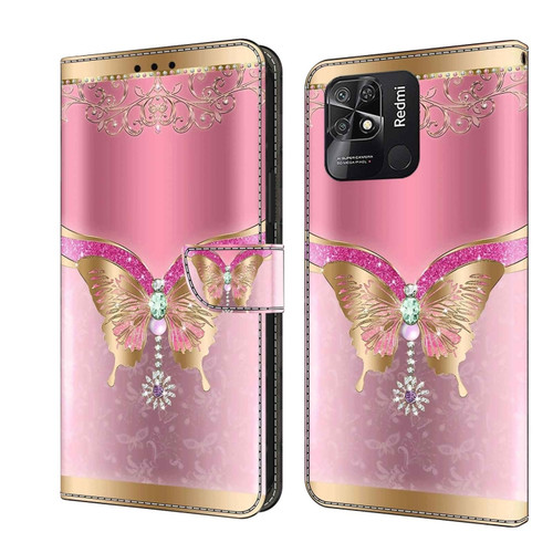 Xiaomi Redmi 10C Crystal 3D Shockproof Protective Leather Phone Case - Pink Bottom Butterfly