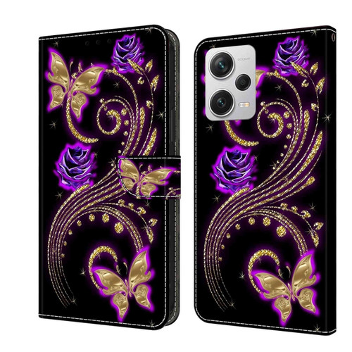 Xiaomi Redmi Note 12 Pro+ Crystal 3D Shockproof Protective Leather Phone Case - Purple Flower Butterfly