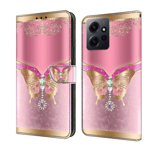 Xiaomi Redmi Note 12 4G Crystal 3D Shockproof Protective Leather Phone Case - Pink Bottom Butterfly