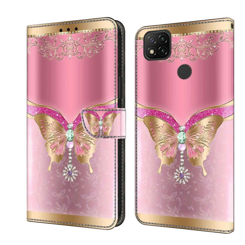 Xiaomi Redmi 9C Crystal 3D Shockproof Protective Leather Phone Case - Pink Bottom Butterfly