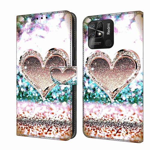 Xiaomi Redmi 10C Crystal 3D Shockproof Protective Leather Phone Case - Pink Diamond Heart