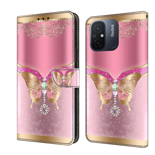 Xiaomi Redmi 11A 4G / Redmi 12C Global Crystal 3D Shockproof Protective Leather Phone Case - Pink Bottom Butterfly