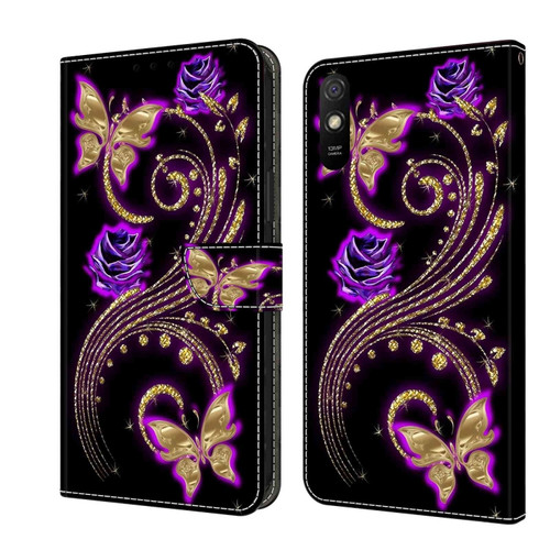 Xiaomi Redmi 9A Crystal 3D Shockproof Protective Leather Phone Case - Purple Flower Butterfly