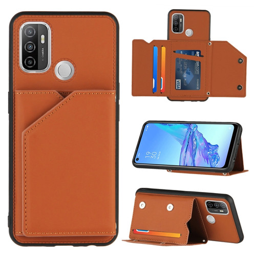 OPPO A53 Skin Feel PU + TPU + PC Back Cover Shockproof Case with Card Slots & Holder & Photo Frame - Brown