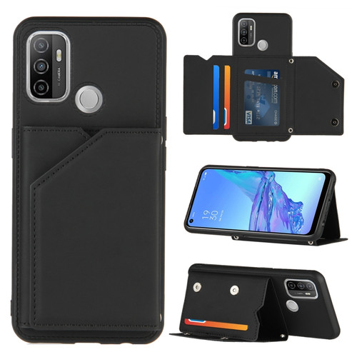 OPPO A53 Skin Feel PU + TPU + PC Back Cover Shockproof Case with Card Slots & Holder & Photo Frame - Black