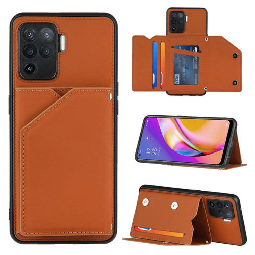 OPPO A94 Skin Feel PU + TPU + PC Back Cover Shockproof Case with Card Slots & Holder & Photo Frame - Brown