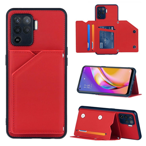 OPPO A94 Skin Feel PU + TPU + PC Back Cover Shockproof Case with Card Slots & Holder & Photo Frame - Red