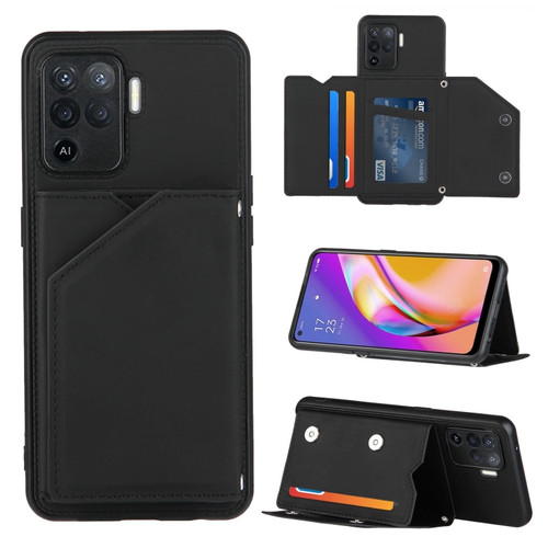 OPPO A94 Skin Feel PU + TPU + PC Back Cover Shockproof Case with Card Slots & Holder & Photo Frame - Black