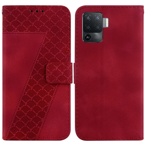 OPPO A94 4G/F19 Pro/Reno5 F 7-shaped Embossed Leather Phone Case - Red