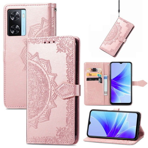 OPPO A57s Mandala Flower Embossed Leather Phone Case - Rose Gold