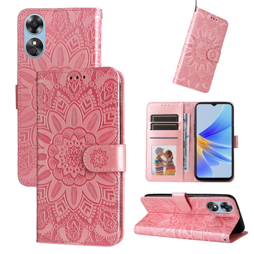 OPPO A17 Embossed Sunflower Leather Phone Case - Rose Gold