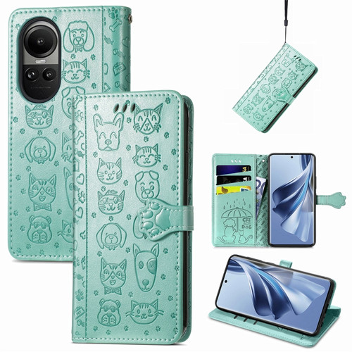 OPPO Reno10 Global / 10 Pro Global Cat and Dog Embossed Leather Phone Case - Green