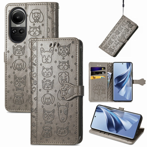 OPPO Reno10 Global / 10 Pro Global Cat and Dog Embossed Leather Phone Case - Grey