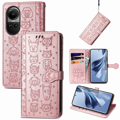 OPPO Reno10 Global / 10 Pro Global Cat and Dog Embossed Leather Phone Case - Rose Gold
