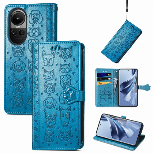 OPPO Reno10 Global / 10 Pro Global Cat and Dog Embossed Leather Phone Case - Blue