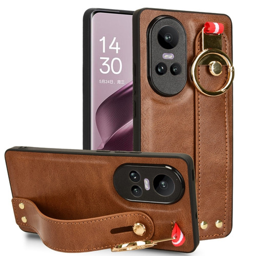 OPPO Reno10 /10 Pro 5G Global Wristband Leather Back Phone Case - Brown