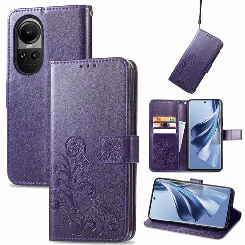 OPPO Reno10 Global / 10 Pro Global Four-leaf Clasp Embossed Buckle Leather Phone Case - Purple