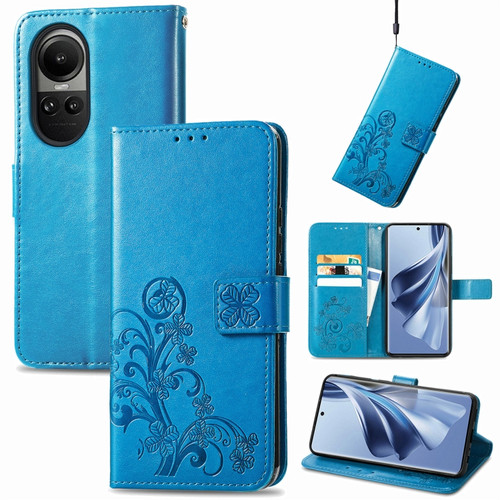 OPPO Reno10 Global / 10 Pro Global Four-leaf Clasp Embossed Buckle Leather Phone Case - Blue
