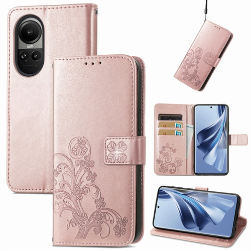 OPPO Reno10 Global / 10 Pro Global Four-leaf Clasp Embossed Buckle Leather Phone Case - Rose Gold
